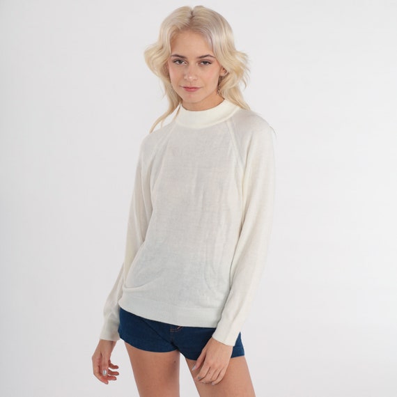 White Knit Sweater 90s Raglan Sleeve Sweater Plain Mock Neck Slouchy Pullover Crewneck Jumper Sweater Basic Solid Vintage 1990s Small