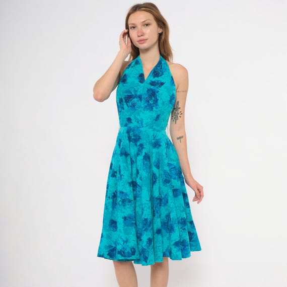 50s Beaded Halter Dress Turquoise Floral Swing Circle Skirt Teal Cobalt Blue Pleated  Pin Up Rockabilly Summer Frock Extra Small XS