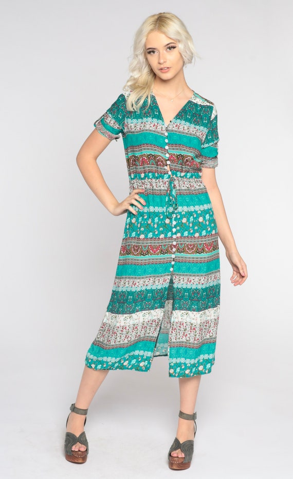 Boho Midi Dress Y2K Turquoise High Slit Floral St… - image 3