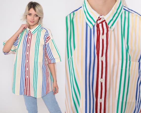 90s Striped Shirt Multicolored Stripes Shirt Collared Button Up Shirt Short Sleeve 1990s Oxford Shirt Vintage Pocket Oversized Men's Large