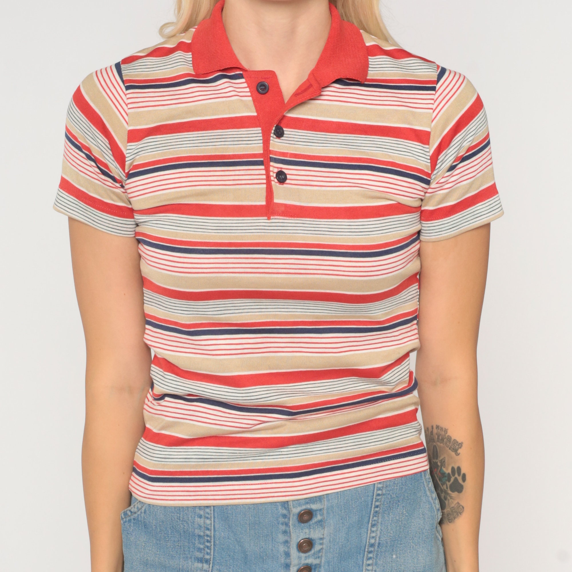 80s Polo Shirt Red Blue Striped Shirt Half Button Up Shirt Retro Tshirt Collared 1980s Nerd Geek
