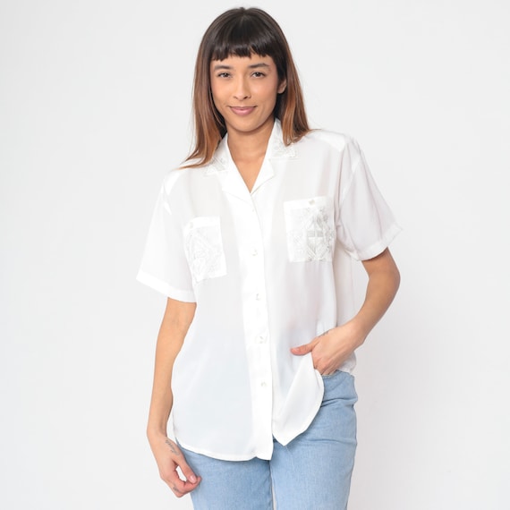 White Embroidered Blouse 90s Button up Shirt Semi-Sheer Cutout Collared Top Geometric Embroidery Short Sleeve Cut Out Vintage 1990s Large L