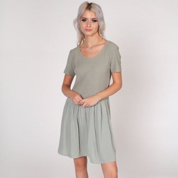 Sage Green Dress 90s All That Jazz Mini Dress Waffle Knit Gingham Print Day Dress Short Sleeve Grunge Vintage 1990s All That Jazz Large L