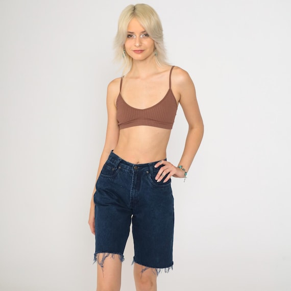 90s Cut Off Shorts Dark Blue Denim Bermuda Shorts Overdyed Jean Shorts Frayed High Waisted Cutoffs 1990s Vintage Retro Extra Small xs