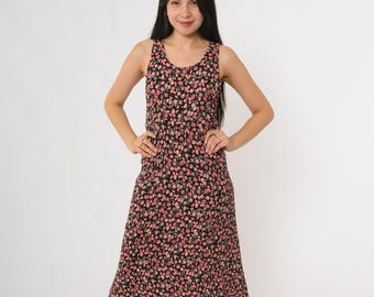 Abito con fiori di ciliegio, stile anni '90, canotta floreale, nero, rosa, garofano, senza maniche, linea ad A, per feste in giardino, romantico, estivo, stile cottagecore, stile prateria, taglia M