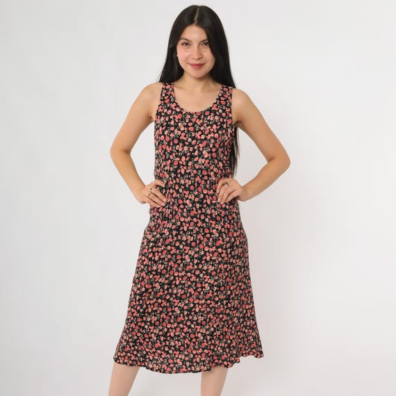 Cherry Blossom Dress 90s Floral Tank Black Pink Carnation Sleeveless A Line Garden Party Romantic Summer Cottagecore Prairie Style Medium M