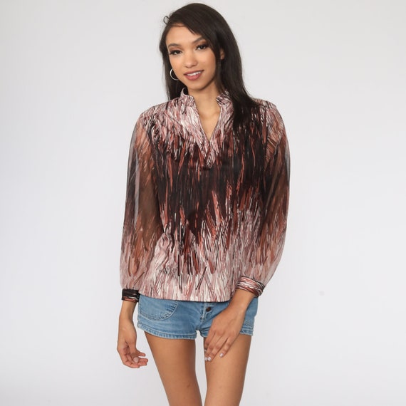 70s Brushstroke Blouse Brown Boho Top 70s Top Hippie Long Sheer Sleeve Top 1970s Bohemian Vintage Medium