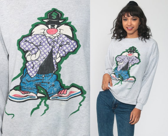 Looney Tunes Shirt Sylvester The Cat Sweatshirt 1990s Grey Warner Bros Cartoon Graphic Vintage Looney Toons Medium Large