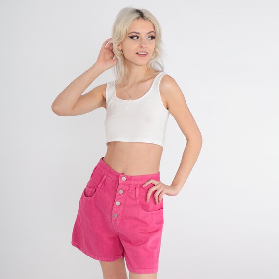 Hot Pink Denim Shorts 90s Jean Shorts Exposed Button Fly High Waisted High Rise Retro Summer Bottoms Basic Plain Vintage 1990s Small 27