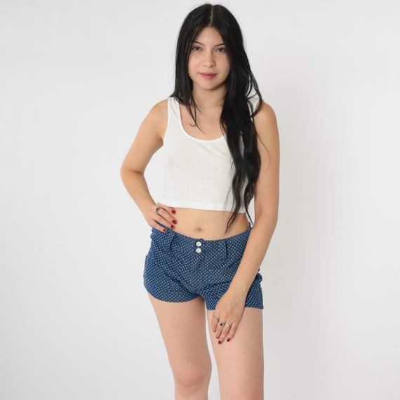 70s Polka Dot Shorts Mod Shorts Mid Rise Dark Blue White Pinup Retro Summer Pin Up Boho Vintage 1970s Hip Hugger Small