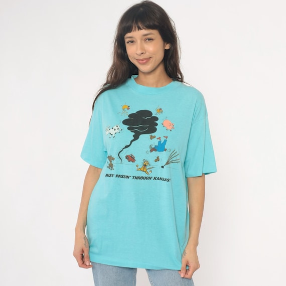 Kansas Tornado Tee 90s Graphic Turquoise Blue Cartoon Farm Animals Cotton Vintage Novelty Print Funny Shirt State Humor Silly Extra Large XL