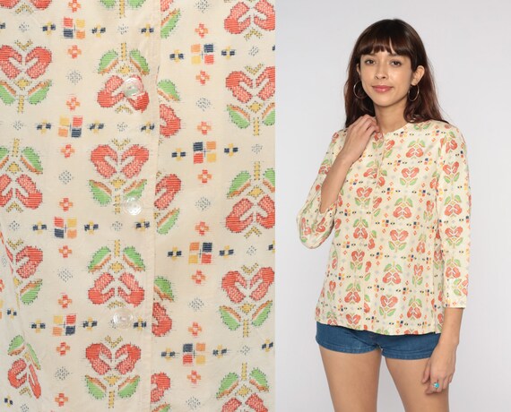 80s Floral Blouse Cream Heart Print Shirt Hippie Boho Button Up Top Vintage 1980s Folk Long Sleeve Romantic Bohemian Collarless Small