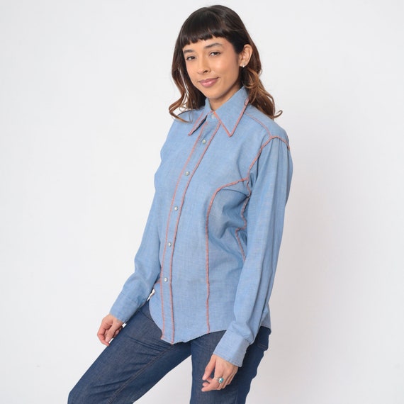 70s Chambray Shirt Reverse Seam Denim Shirt Jean Shirt Pearl Snap Western 1970s Long Sleeve Vintage Button Up Deconstructed Top Men's Medium