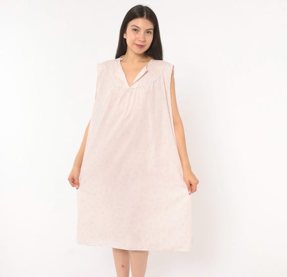 80s Pink Floral Nightgown Sleeveless Cotton Pullover V Neck Collar Sleep Dress Blush Rose Prairie Cottagecore Summer Lounge Extra Large XL