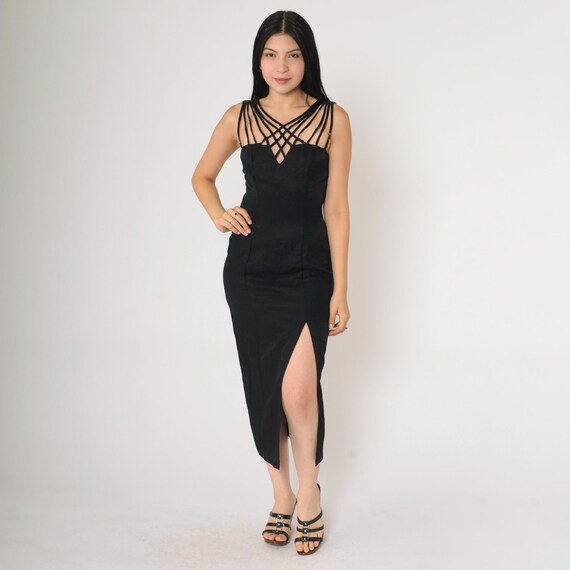 90s Black Party Dress Beaded Cage Neckline Strappy High Slit Bodycon Dress Criss-Cross Sexy Midi Cocktail Formal Vintage Extra Small xs