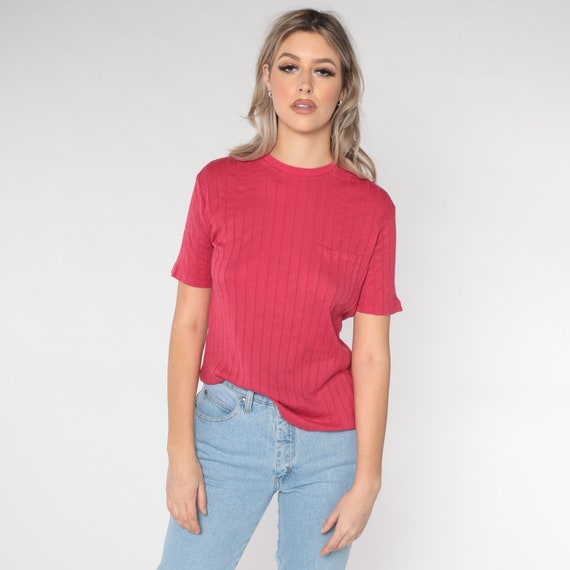 Pink Ralph Lauren TShirt 00s T Shirt Pocket Shirt TEXTURED STRIPE Streetwear Retro Tee Vintage 2000s Basic Dark Pink Medium
