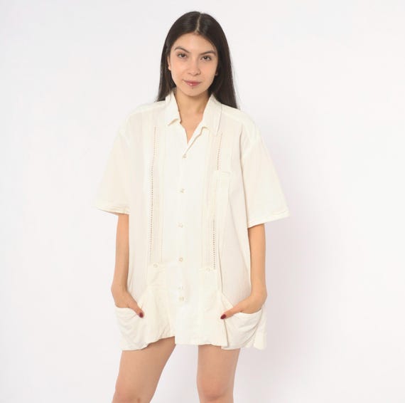 90s Camp Shirt Cream Cotton Wedding Top Ivory Pintuck Lace Panel Short Sleeve Mexican Collar Off White Relaxed Fit Vintage Mens Large L