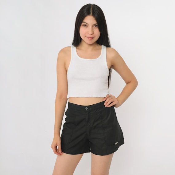 Vintage 80s Black Shorts Weeds Polyester Blend Basic High Waisted Elastic Back Pockets Minimalist 1980s Casual Men's 34 Medium