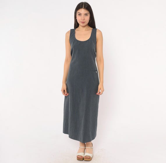 90s Pinstripe Maxi Dress Navy Blue Sleeveless A Line Tie Back Waist White Stripe Linen Look Tank Summer Nautical Sundress Vintage Medium M