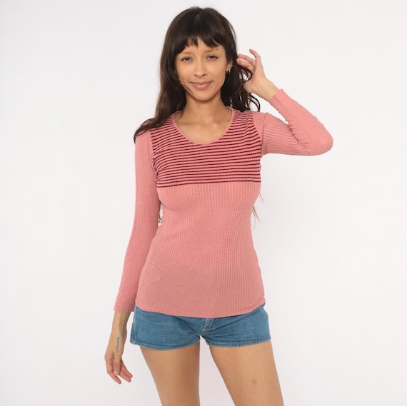 Rose Ribbed Knit Sweater 70s Striped Chest Panel Long Sleeve Fitted Pullover Marbella Knits Dusty Pink Top Blouse Vintage Women Small S