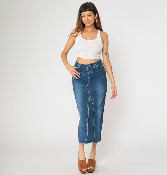 Vintage Y2K Denim Midi Skirt Front Zipper Detail Reworked Style High Waist Jean Power Blue Wash Back Slit 2000s Western Medium