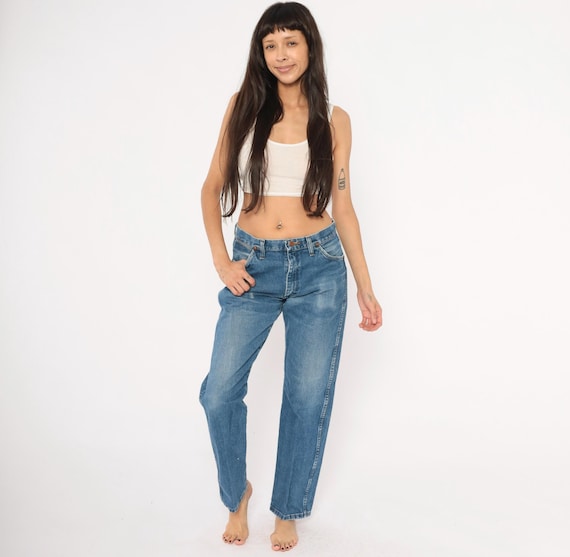 Wrangler Cowboy Cut Jeans 90s Straight Leg Denim Medium Wash Blue Western Faded Cotton Trousers Ranch Pants Country Style Vintage Small S