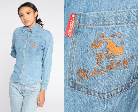 90s Disney Shirt -- Mickey Mouse Denim Shirt Pearl Snap Western Shirt Button Up Long sleeve 1990s Vintage Blouse Extra Small xs