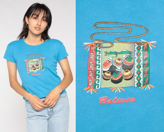 Bolivia T-Shirt Y2K South America Shirt Blue Bolivian Folk Art Tapestry Graphic Baby Tee Retro Travel Tourist Tshirt Vintage 00s Small S