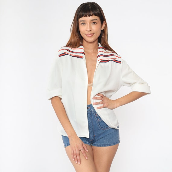 70s Open Front Jacket Off-White Striped Shirt Boho Blouse Hippie Top Cuffed Short Sleeve Lightweight Orange Blue Vintage Bohemian Medium