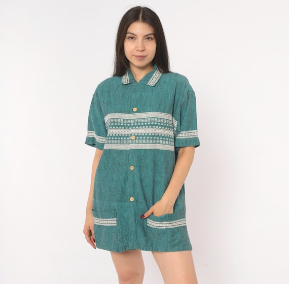 90s Teal Woven Shirt Ethnic Stripe Cotton Folk Jacquard Pattern Collared Camp Relaxed Fit Unisex Summer Top Aqua Green Pocket Blouse Large L