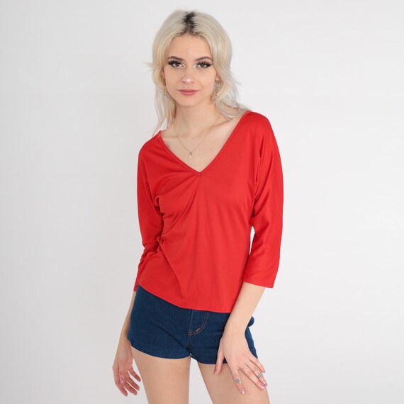 Red V Neck Blouse 70s 3/4 Dolman Sleeve Shirt Plain TShirt Polyester 1970s Blank Casual Shirt Vintage Small Medium