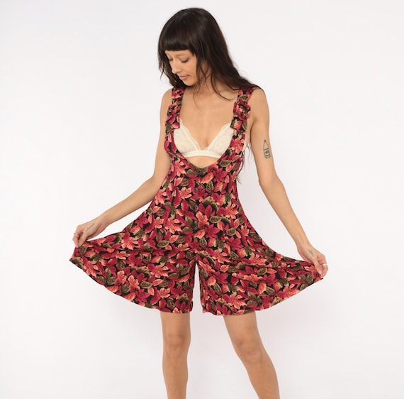 90s Leaf Print Romper Floral Short Overalls Wide Leg Culottes Button Front Jumpsuit Pink Burgundy Olive Fall Autumn Cottage Vintage Small S