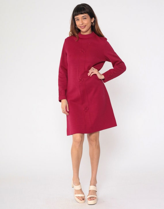 Burgundy Shift Dress 60s 70s Heart Wool Blend Mod… - image 2