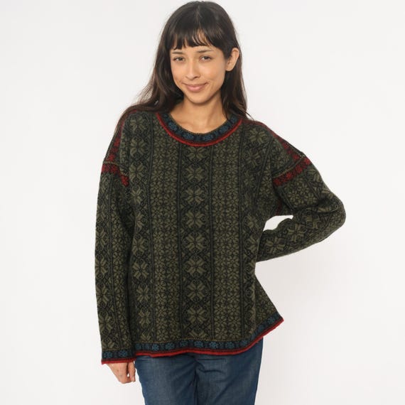 80s Nordic Sweater Green Wool Fair Isle Geometric Pattern Crew Neck Long Sleeve Vintage Norwegian Scandinavian Knit Pullover Extra Large XL