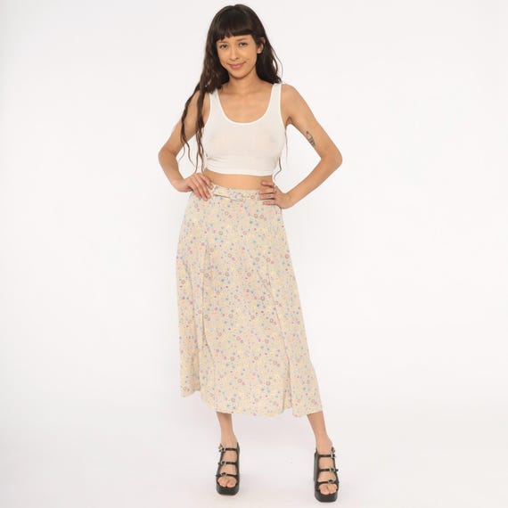 Pastel Floral Midi Skirt 80s Cream Ditsy Belted Flower Garden Prairie Cottage Core Ivory Feminine Spring Summer Vintage Small S To Medium M