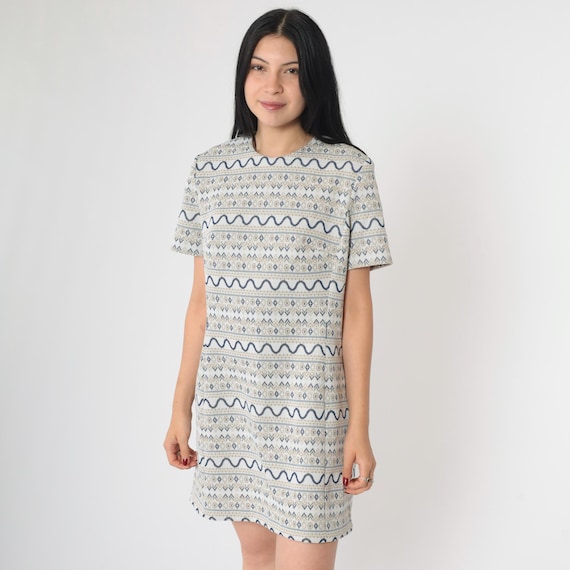 Vintage Geometric Mod Mini Dress 60s Grey Blue Gogo Minidress Striped Polyester Knit Shift Short Sleeve 70s Twiggy Go Go Boho Medium