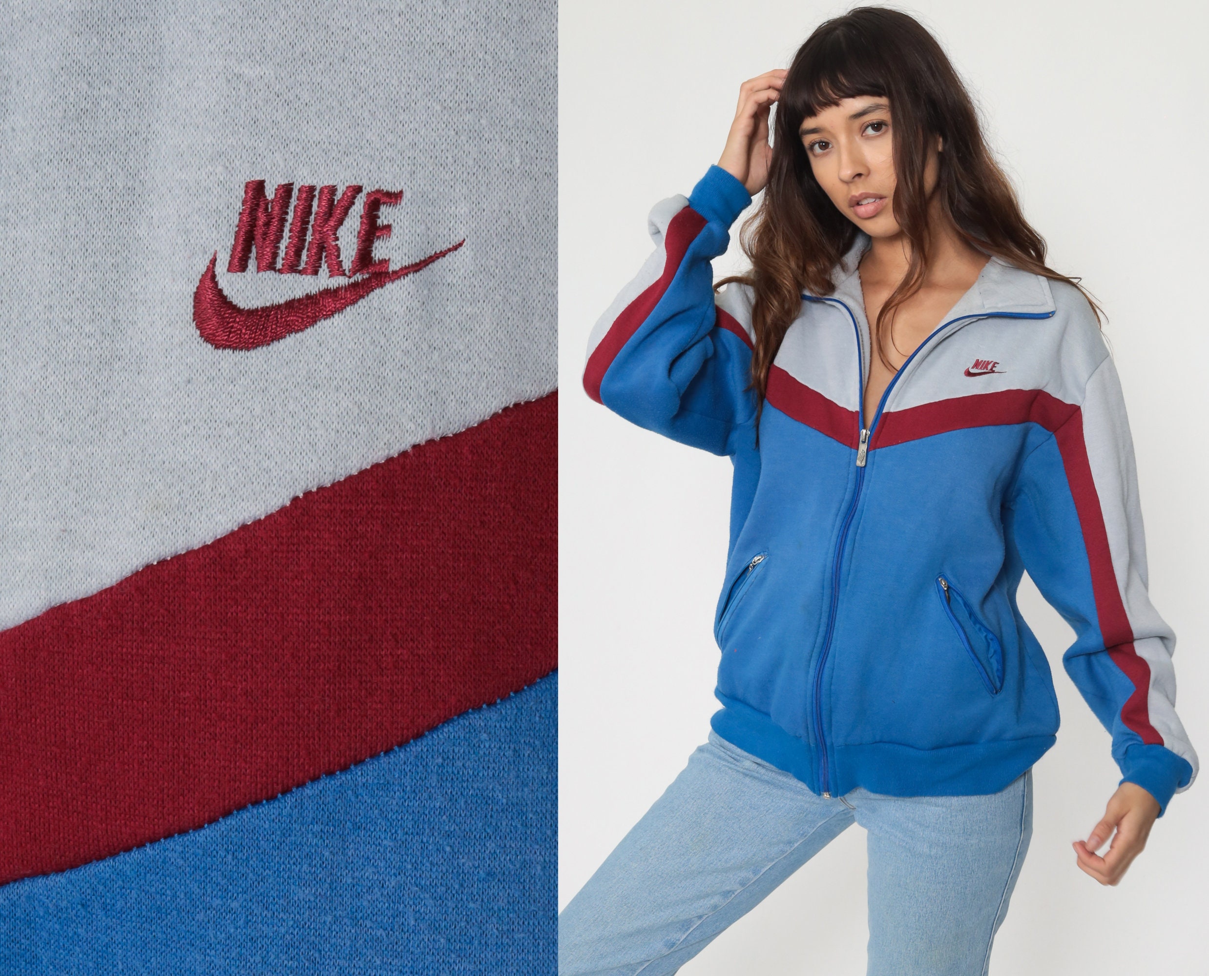 Nike Track Jacket Zip Up Sweatshirt 80s Streetwear Blue Retro Striped COLOR  BLOCK 1980s Vintage Men Sports Medium Large