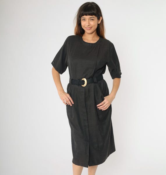 Vintage Black 80s Dress Belted Midi Button Back Utility Pencil Normcore Plain Pocket Minimalist High Waist 1980s Short Sleeve Medium Petite
