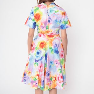 Watercolor Floral Dress Y2K Rainbow Midi Dress Collar V Neck High Waisted Retro Pinup Colorful Short Sleeve Knee Length Vintage 00s Medium M image 9