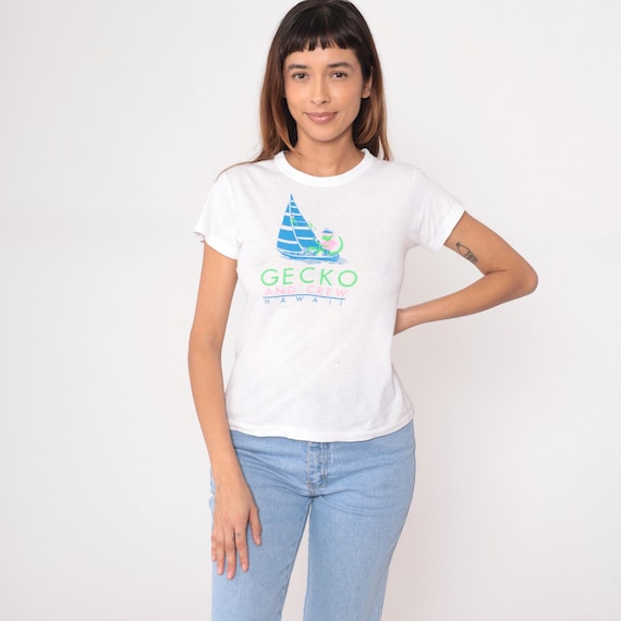 Gecko Sailboat Tee 80s Hawaii White Cotton Vintage Short Sleeve T-shirt Summer Beach Tropical Island Paradise Vacation Surf Extra Large XL