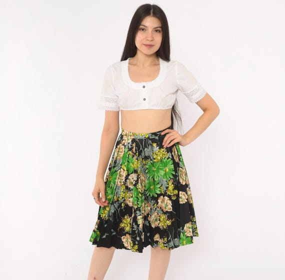 70s Floral Pleated Skirt Black Green Peach Daisy Print Circle Full Swing Botanical Garden Party Flower Cottage Hippie Vintage Extra Small XS