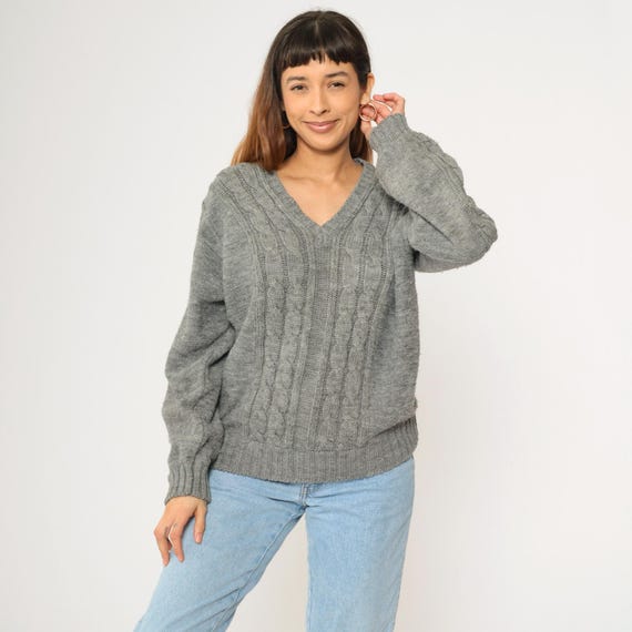 80s Cable Knit Pullover Sweater Grey Campus V Neck Simple Basic Plain Fall Chunky Cableknit Jumper Acrylic Vintage 1980s Men's Medium M