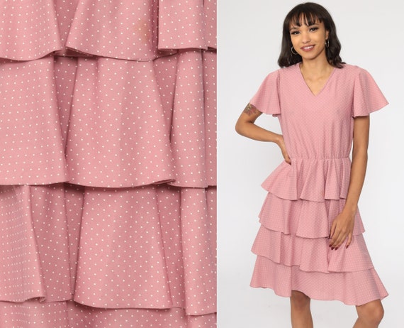 Pink Tiered Dress 70s Polka Dot Dress Boho High W… - image 1