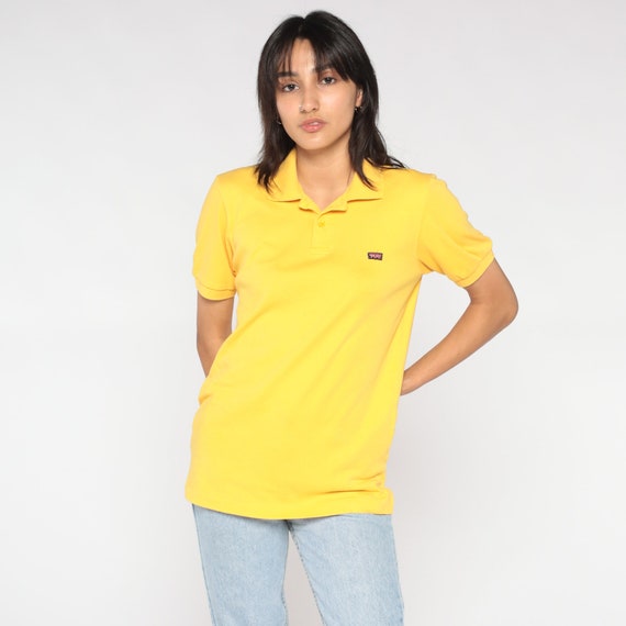 Brittania Polo Shirt 80s Bright Yellow Collared Shirt Union Jack British Flag Half Button Up T-Shirt Short Sleeve Vintage 1980s Mens Small S
