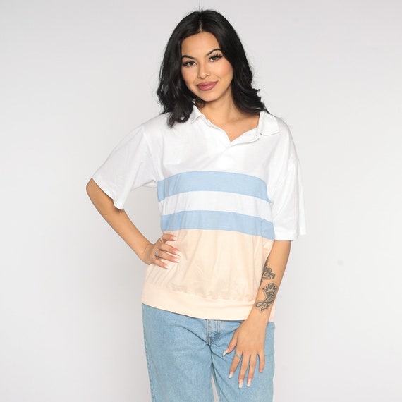 80s Striped Polo Shirt White Peach Blue Stripes Short Sleeve Banded Hem Button Neck Color Block Slouchy Top 1980s Vintage Medium Large