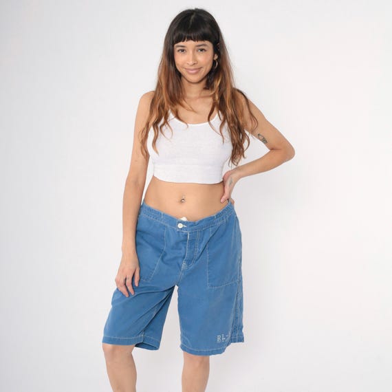 Vintage Ralph Lauren Board Shorts Blue Polo Jeans Co. RL-67 Button Fly Cotton Swim Trunks Utility Y2K Retro Medium M