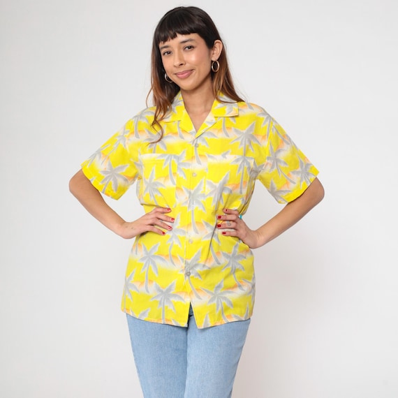 80s Hawaiian Shirt Palm Tree Yellow Neon Tropical Short Sleeve Summer Beach Vacation Resort Wear Camp Collar Orange White Vintage Small S
