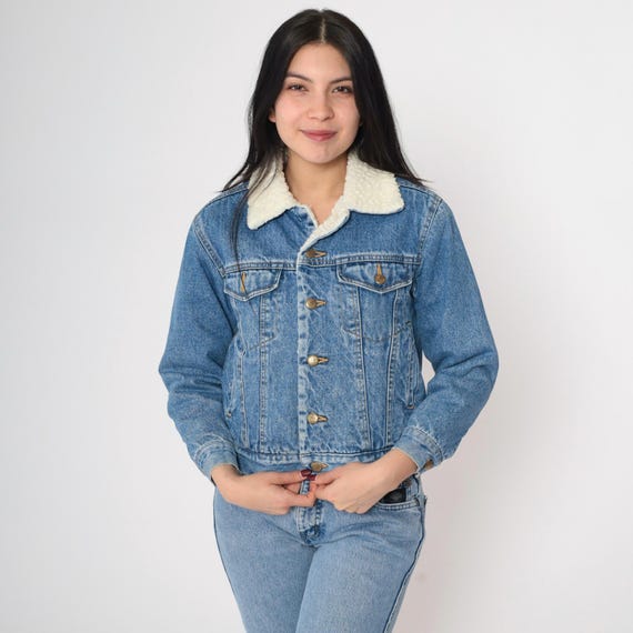 Vintage Denim Shearling Jacket Denim Sherpa Jacket 90s Jean Trucker Biker Coat Blue Button Up 1990s Fleece Youth Medium 2xs