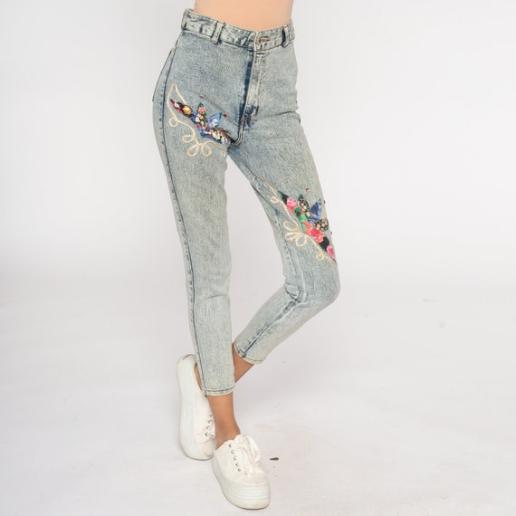Acid Wash Jeans 80s 90s Beaded Skinny Jeans Denim Soutache Applique High Waist Jeans Tapered Denim Pants Vintage Slim Leg Small Medium