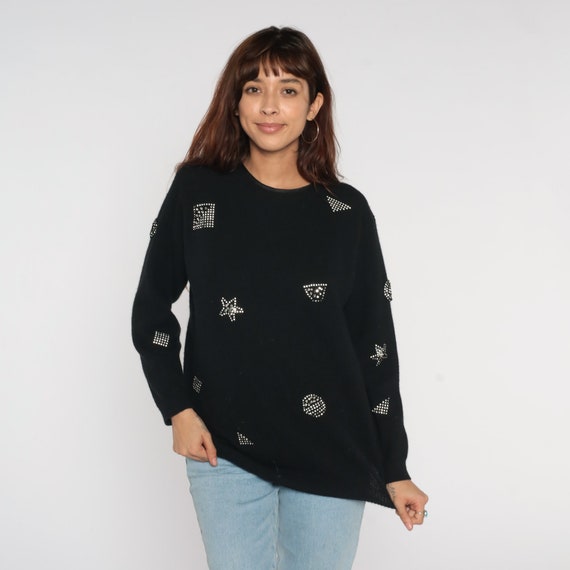 Black Angora Wool Sweater 80s Rhinestone Party Sweater Knit Pullover Cozy Glam Vintage Knitwear Classic 1980s Adrienne Vittadini Medium M